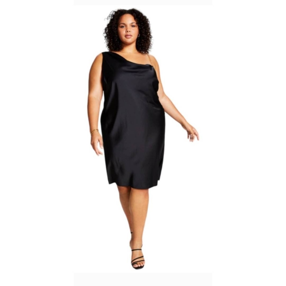 And Now This Black One Shoulder Cowl Neck Gold Chain Asymmetrical Satin Dress - Picture 12 of 12